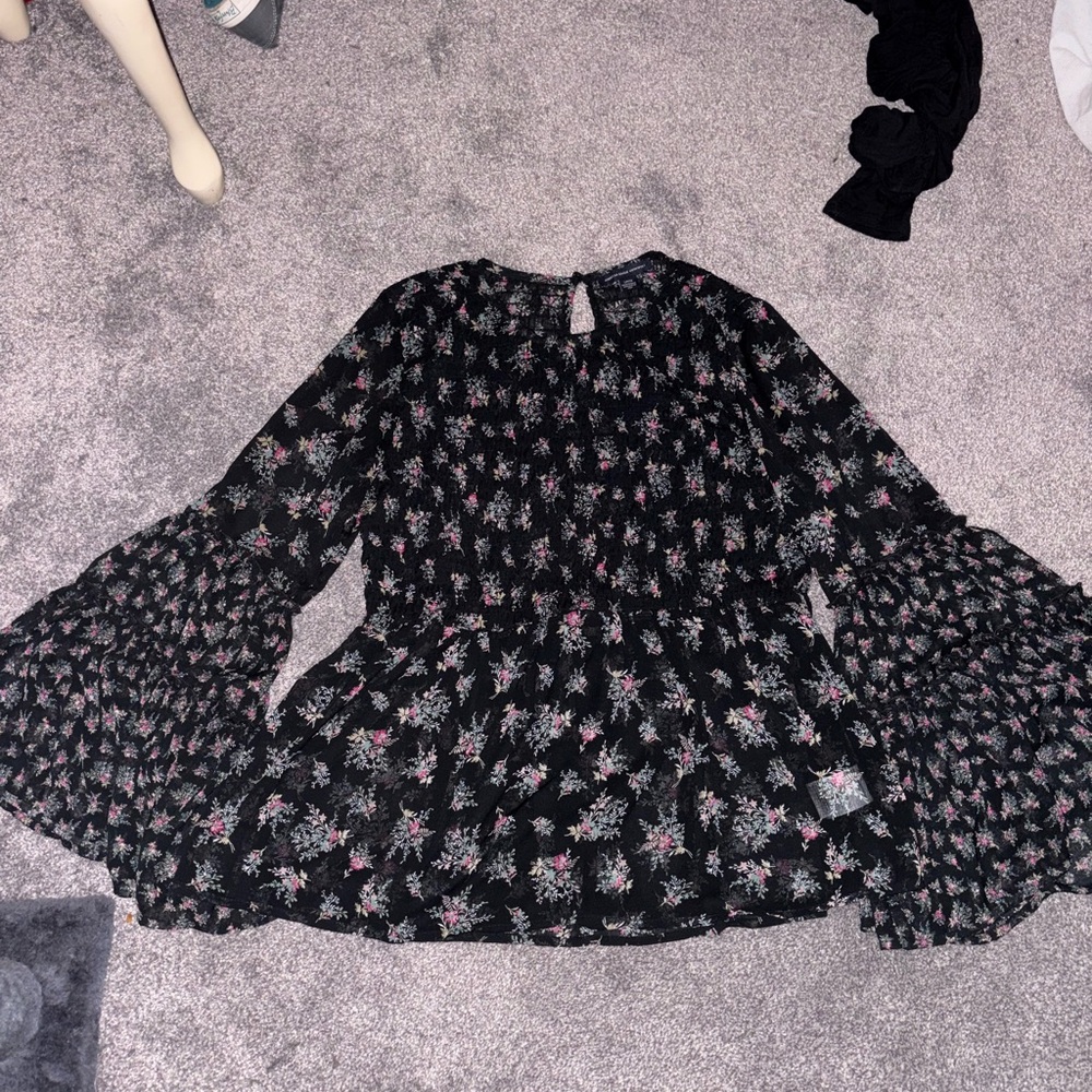 American Eagle Outfitters Black Floral Bell Sleeve Sheer Top